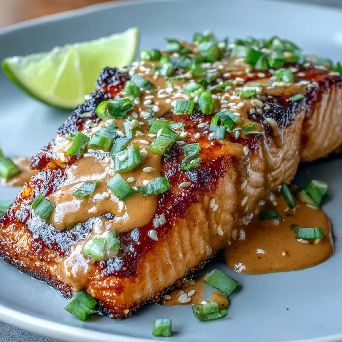 Crispy baked Bang Bang Salmon fillets glazed with creamy spicy sauce, garnished with green onions and sesame seeds.  