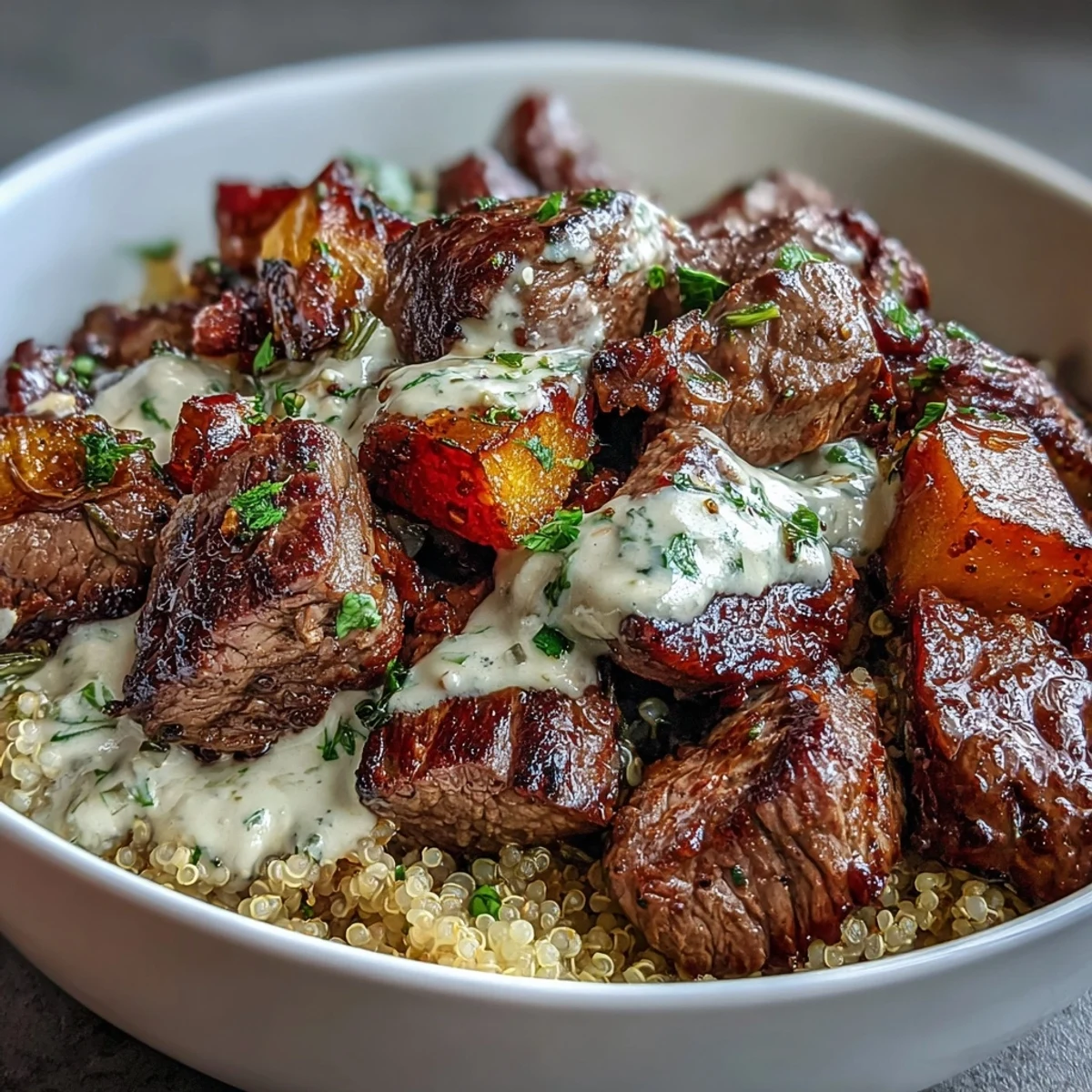 Roasted butternut squash and seared steak bites sit over fluffy quinoa, drizzled with garlic herb cream sauce in this savory bowl.
