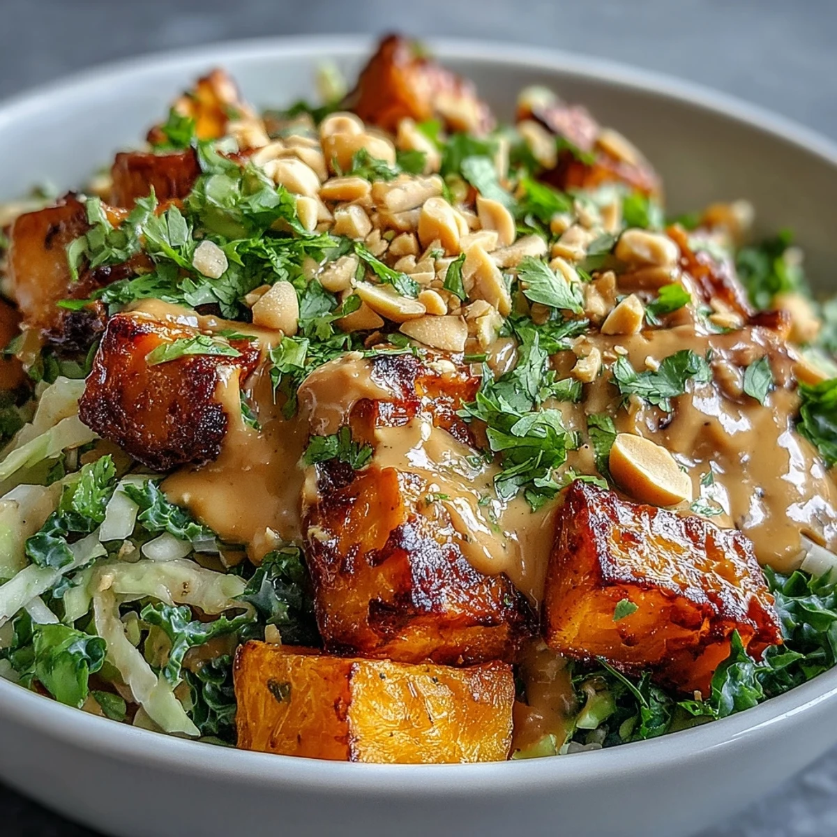 Roasted sweet potatoes and crisp veggies in a Thai Peanut Sweet Potato Buddha Bowl, drizzled with creamy peanut sauce and garnished with cilantro.