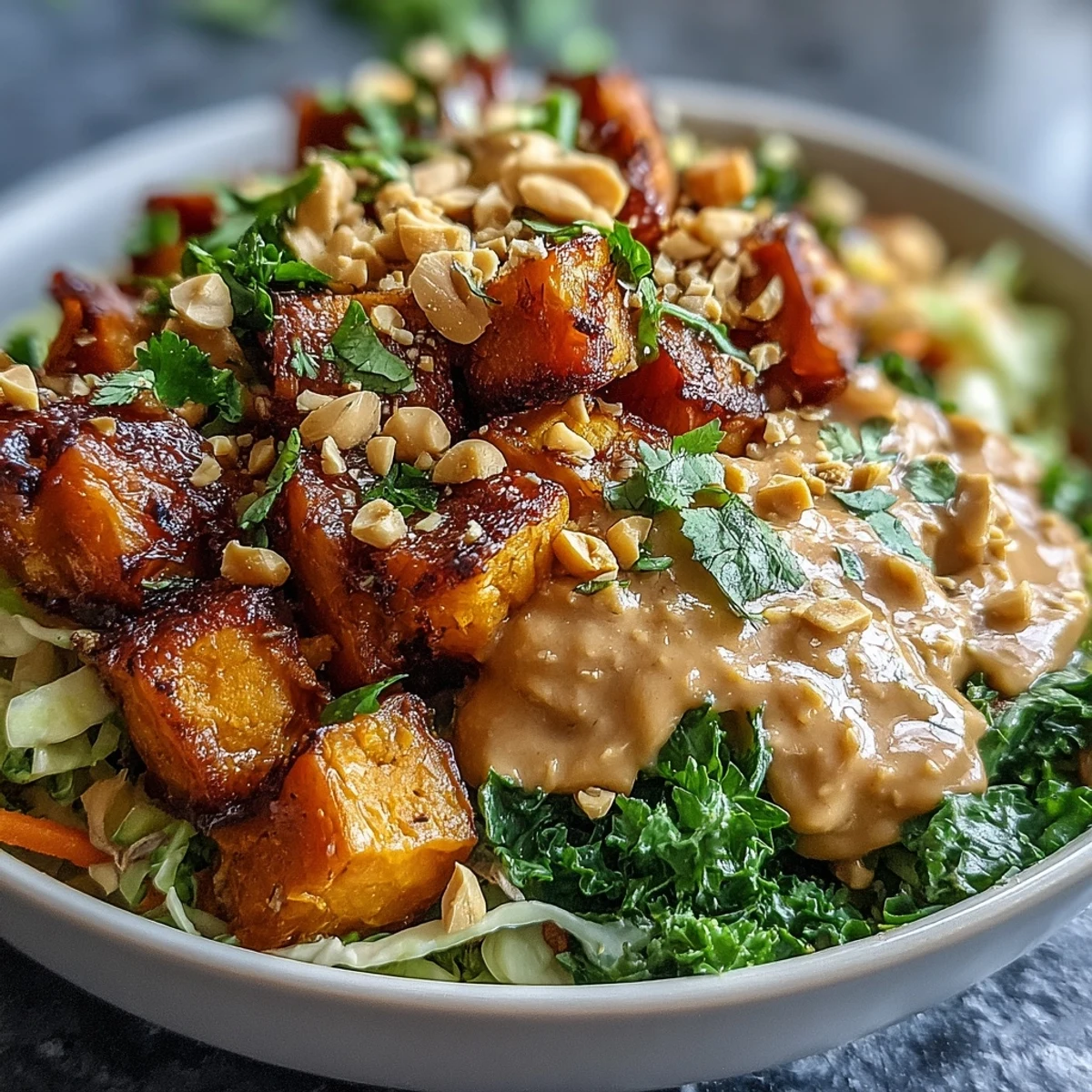 Close-up of a Thai Peanut Sweet Potato Buddha Bowl, showcasing tender roasted sweet potatoes, fresh cabbage, carrots, and a luscious drizzle of peanut sauce.