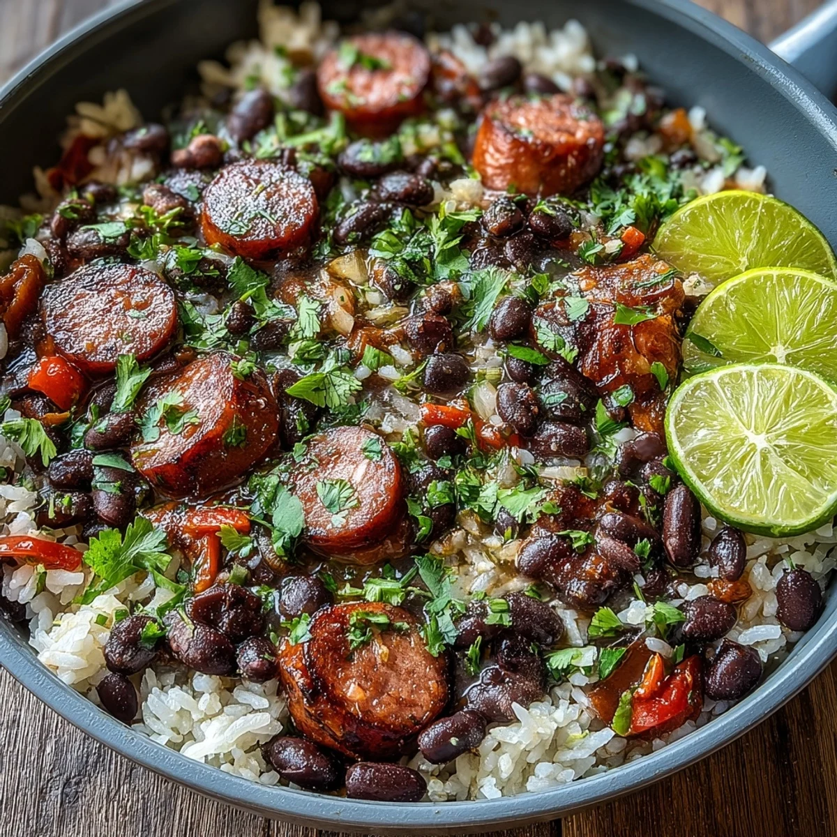 A close-up of the Black Beans, Sausage, and Rice Skillet showing smoky sausage slices nestled in fluffy rice and tender black beans in a rich tomato base.