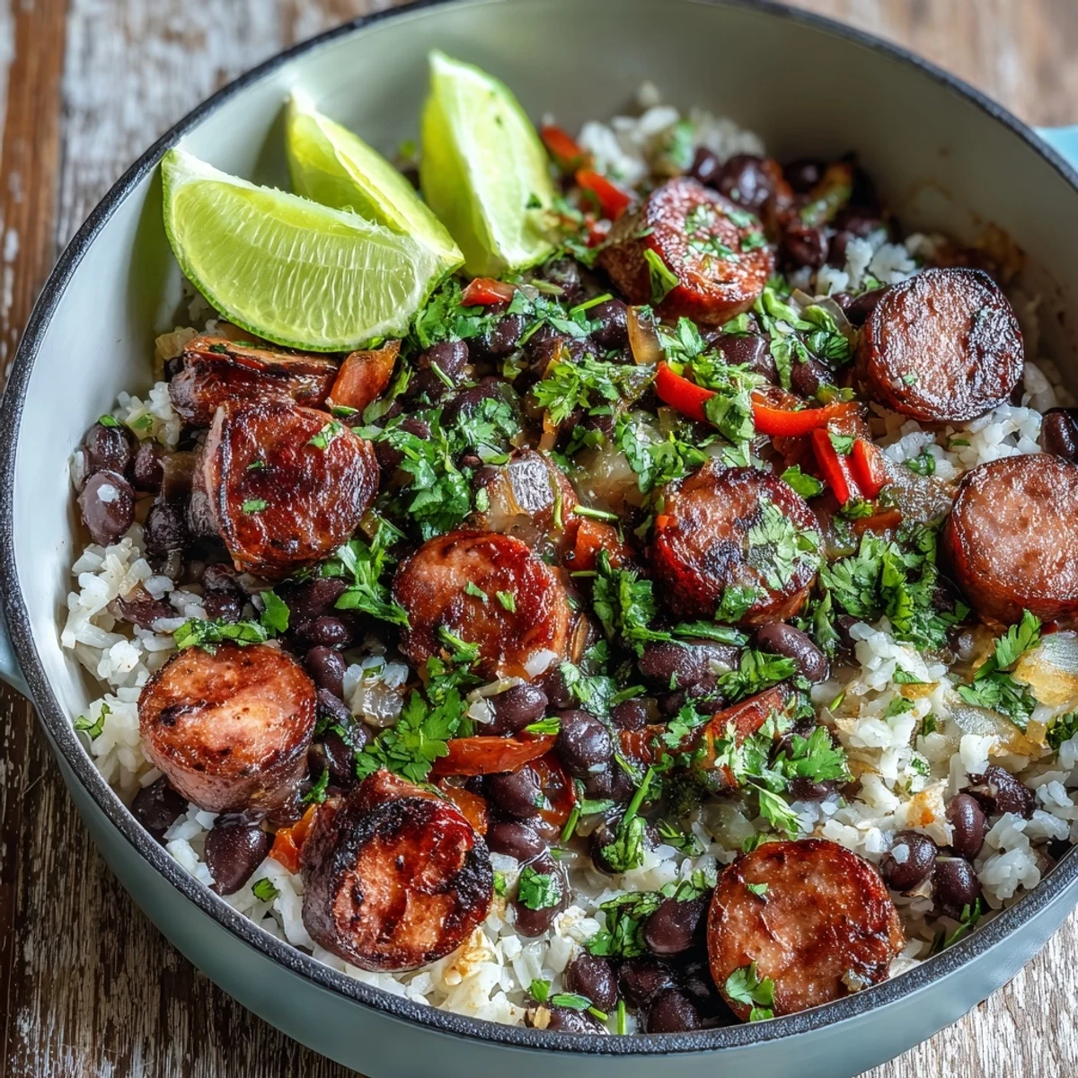 A steaming serving of the Black Beans, Sausage, and Rice Skillet in a cast-iron skillet, highlighting the vibrant red bell peppers and onions.