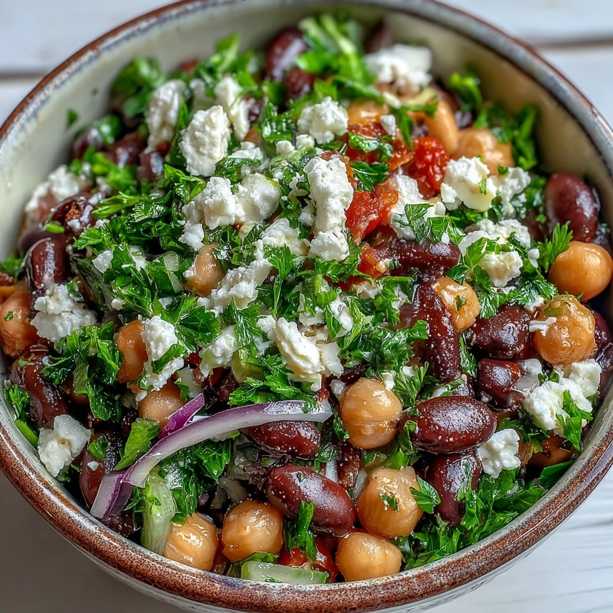 Colorful Mediterranean Divorce Salad with chickpeas, black beans, crumbled feta, and fresh parsley tossed in a tangy red wine vinaigrette.  