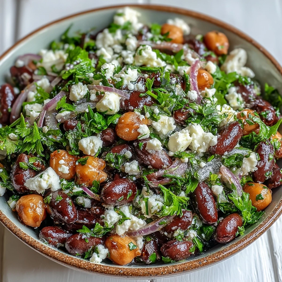 Hearty vegetarian Divorce Salad featuring crunchy onions, creamy feta, and vibrant herbs, perfect for make-ahead lunches over several days.