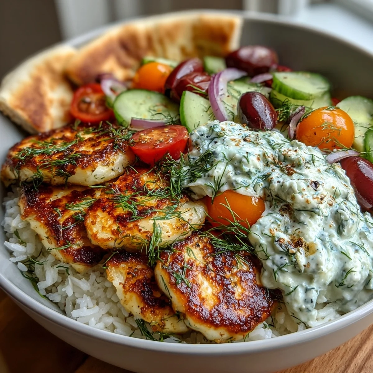 Golden-seared Greek Halloumi Power Bowl with fluffy rice, crisp veggies, and creamy tzatziki, served with warm pita wedges.