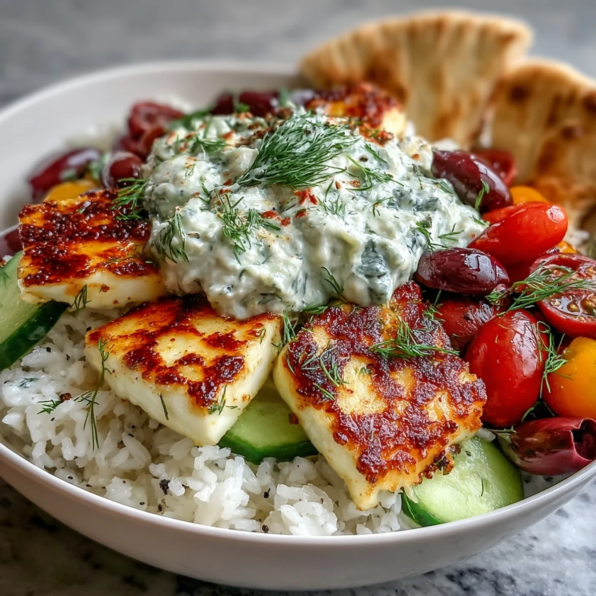 Close-up of a Greek Halloumi Power Bowl with juicy cherry tomatoes, red onion, and a generous dollop of tzatziki sauce.