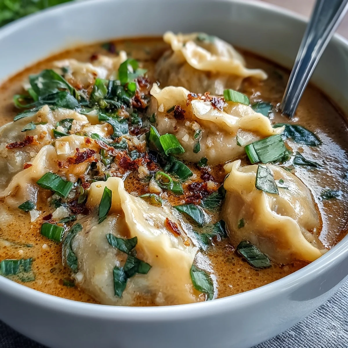Steamy coconut curry soup with dumplings in a rustic bowl, topped with cilantro and scallions. 