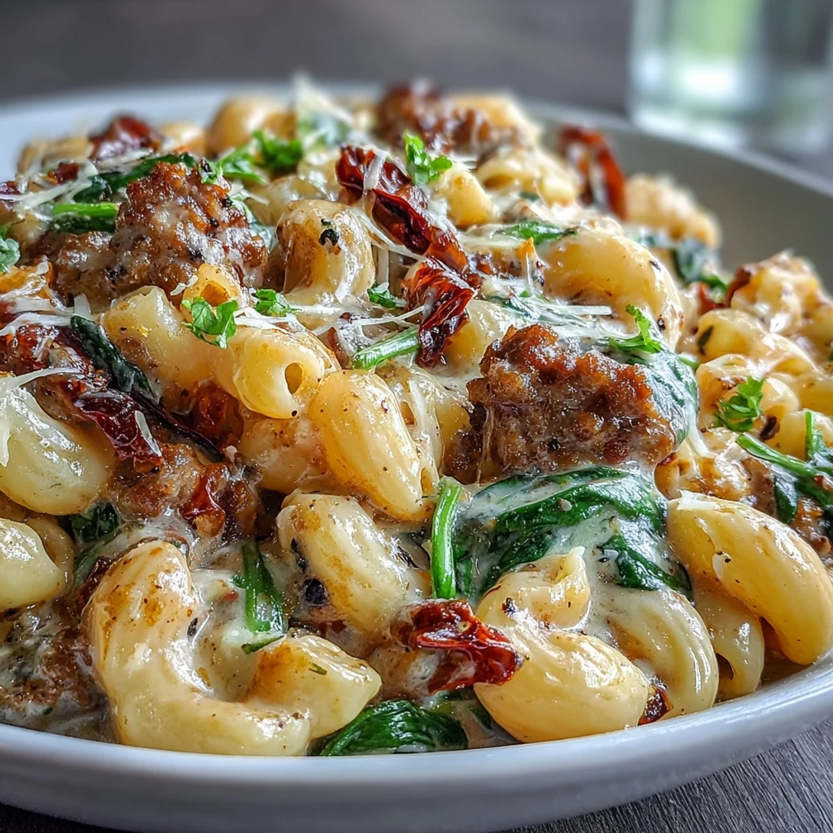 Hearty Creamy Tuscan Chili Mac served warm, garnished with Parmesan and red pepper flakes beside a glass of Pinot Grigio.