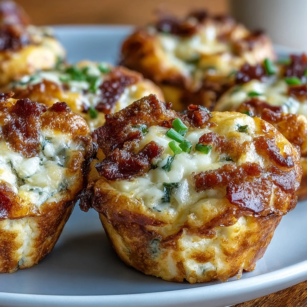 Freshly baked Ranch & Cheddar Egg Muffin Cups sit on a rustic wooden board, garnished with sliced green onions.