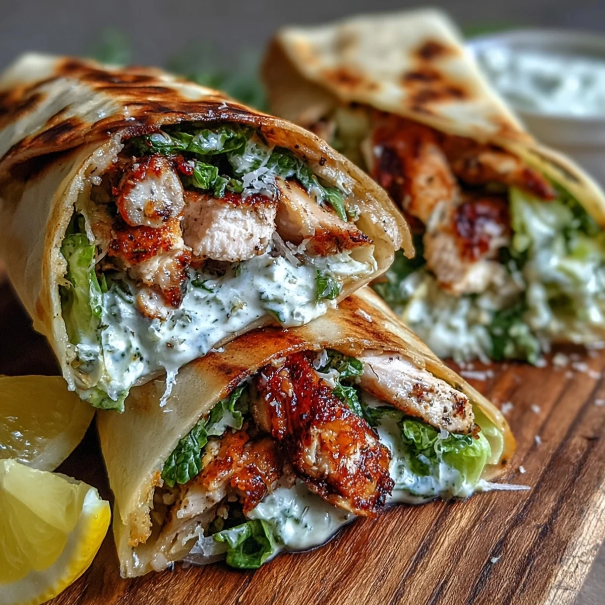 Grilled chicken strips and crisp romaine tucked in warm, toasted garlic naan.