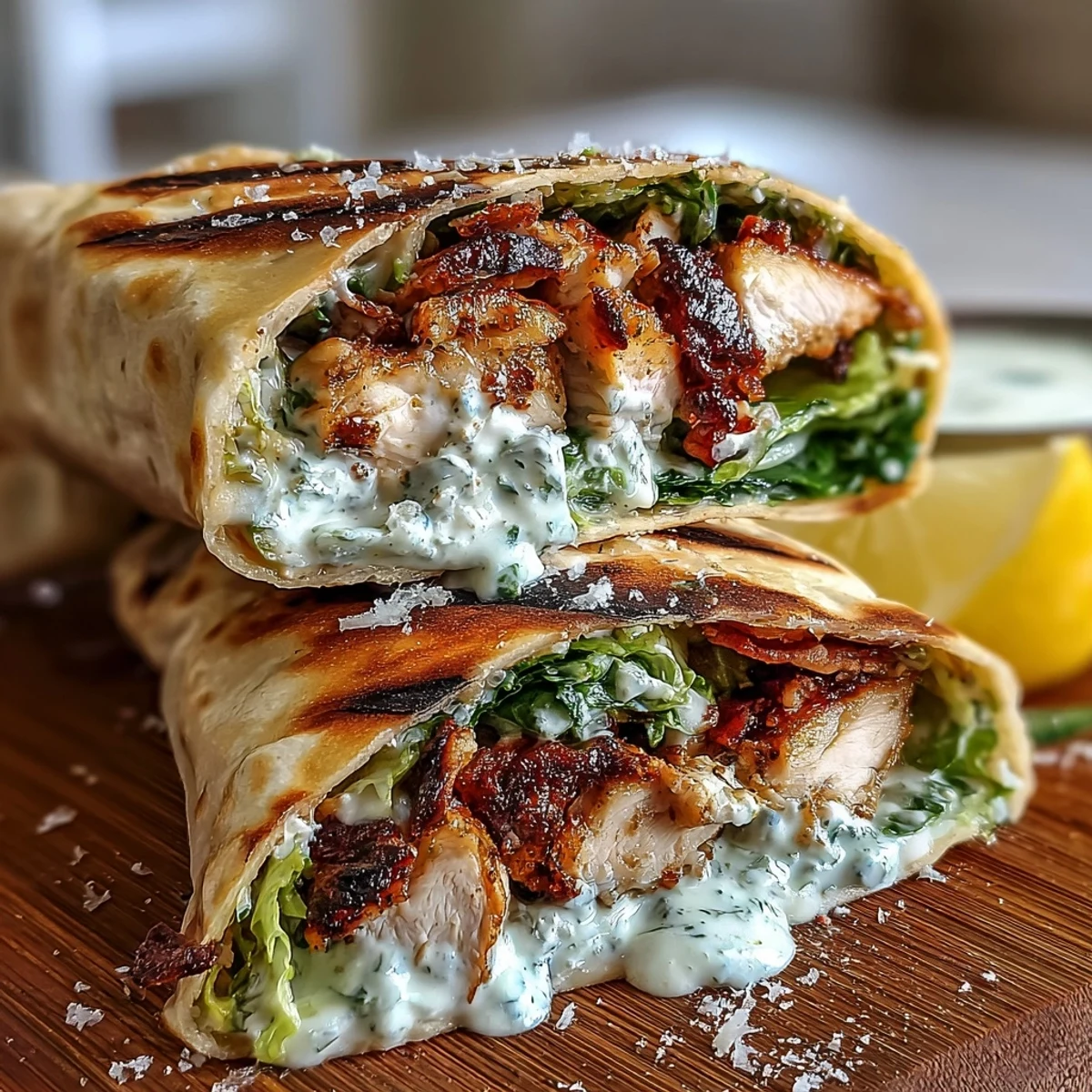 Parmesan shavings and Caesar dressing complete this fusion wrap presentation.