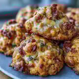 Freshly baked Rotel Sausage Balls showcasing melted cheddar cheese and diced tomatoes, perfect for a savory breakfast or snack bite.