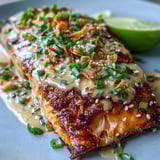 Sizzling pan-seared Bang Bang Salmon on a plate, drizzled with vibrant sauce and fresh lime wedges for serving.  