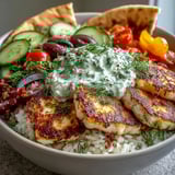 A vibrant Greek Halloumi Power Bowl topped with dill and Kalamata olives, featuring perfectly browned cheese slices on a bed of rice.