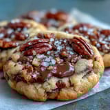 A batch of golden brown butter pecan cookies with toasted nuts and flaky sea salt, perfect for dessert or snacking.