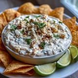 Spicy Mexican elote dip featuring smoky paprika, jalapeño, and cotija cheese, perfect for scooping with crunchy tortilla chips.
