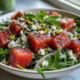Vibrant watermelon and arugula salad with creamy feta, juicy fruit, and fresh mint in a zesty lime dressing.  