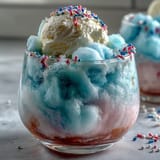 Cotton Candy Lemonade Float with ice cream and lemon slices in tall glasses.