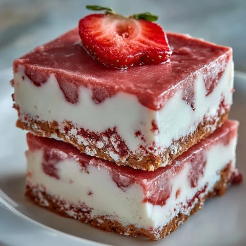 Glistening No-Bake Strawberry Fudge Squares cut on a cutting board, showcasing creamy pink layers and a crunchy graham crust.