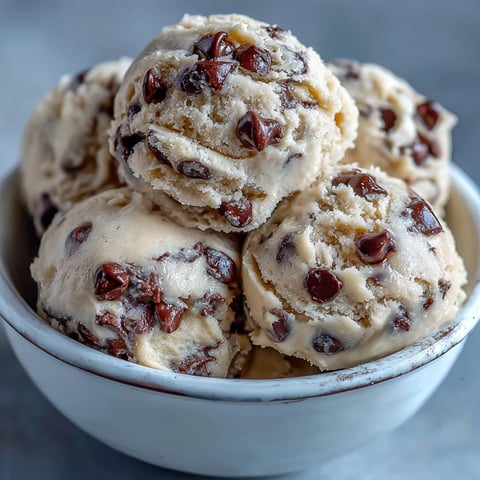 Scoop of creamy Greek Yogurt Cookie Dough with mini chocolate chips on a chilled spoon.