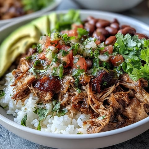 A close-up of a Carnitas Bowl filled with fluffy rice, slow-cooked pork, and creamy avocado slices.