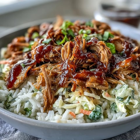 Slow-cooked tender pulled pork bowl with fluffy rice, tangy coleslaw, and smoky BBQ sauce drizzle.