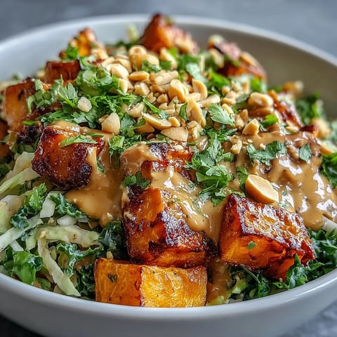 Roasted sweet potatoes and crisp veggies in a Thai Peanut Sweet Potato Buddha Bowl, drizzled with creamy peanut sauce and garnished with cilantro.