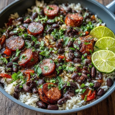 A close-up of the Black Beans, Sausage, and Rice Skillet showing smoky sausage slices nestled in fluffy rice and tender black beans in a rich tomato base.