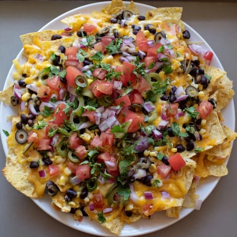A large baking sheet of Tex-Mex sheet pan nachos, complete with fresh salsa and guacamole.