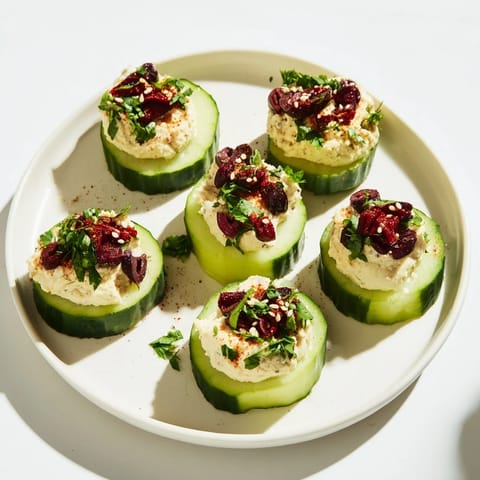 Creamy Quick Hummus and Cucumber Bites, a colorful appetizer, piled high and ready to enjoy.