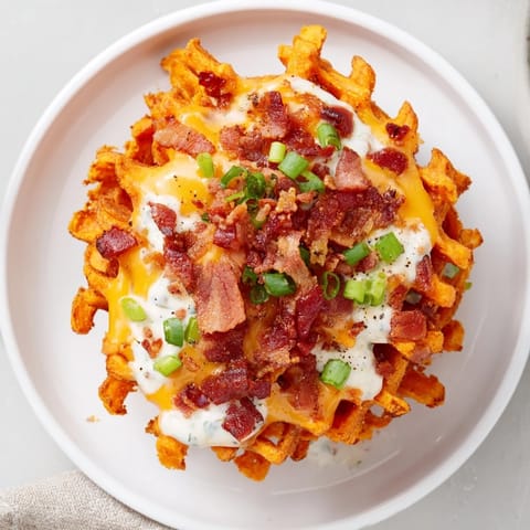A platter of Loaded Sweet Potato Fries—crispy waffle fries smothered with cheese and ranch dressing.