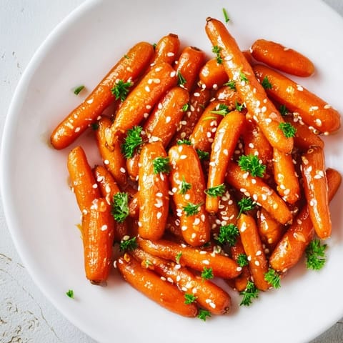 These tender honey soy roasted carrots, served warm, show off a beautiful, rich glaze.