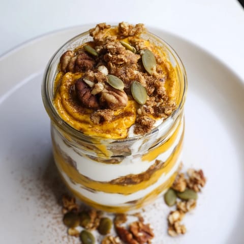Golden granola and pepitas crown the delicious layers of this easy-to-make Pumpkin Yogurt Parfait.