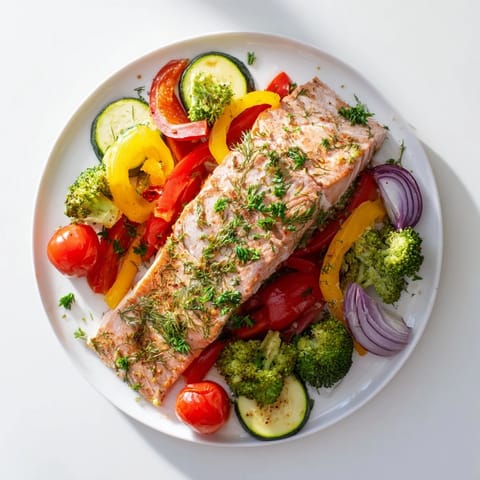 Tender salmon sheet pan bake, perfectly cooked with bright bell peppers and juicy cherry tomatoes.