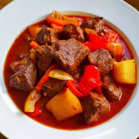 Close-up of a bubbling Hungarian Goulash, showcasing rich red sauce and fall-apart beef chunks.