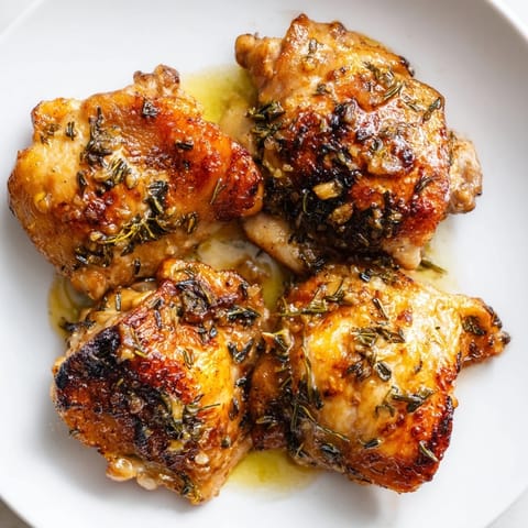 Golden, crispy-skinned Garlic Butter Chicken Thighs roast in a skillet, garnished with fresh parsley and lemon wedges.
