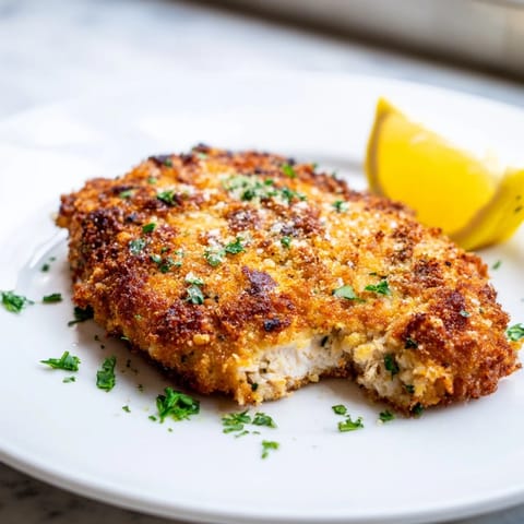 Freshly fried Parmesan chicken cutlet on a plate, garnished with chopped parsley and lemon, showcasing a crunchy, golden-brown exterior.