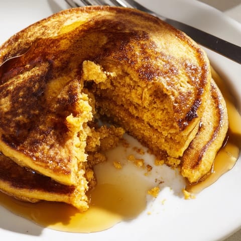 Golden-brown pumpkin spice pancakes on a white plate, garnished with a pat of butter and a sprinkle of cinnamon.