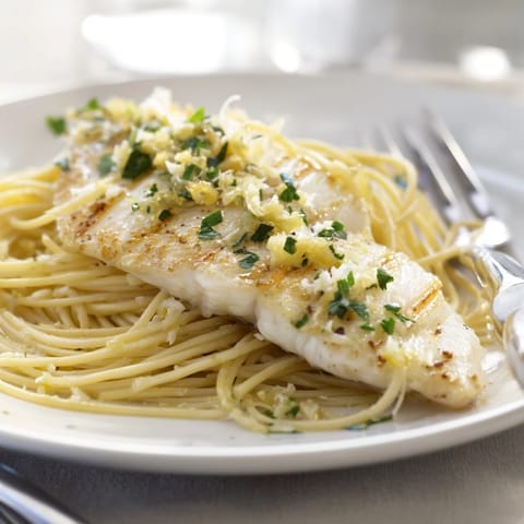 Tender white fish and lemon-butter pasta with garlic, served on a white plate with a lemon wedge.