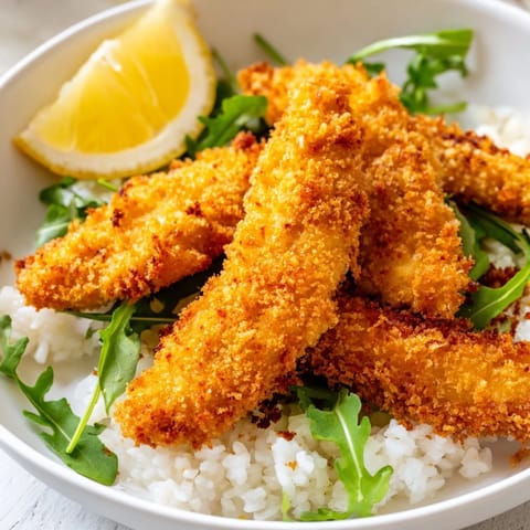 A close-up of Crispy Parmesan Chicken Cutlet Bowl with lemon wedges and a bright squeeze of citrus.  