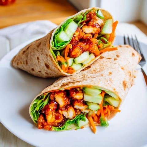 Freshly assembled Honey Chili Crunch Chicken Wrap sliced in half, revealing layers of crunchy vegetables and tender, saucy chicken perfect for a quick lunch.  