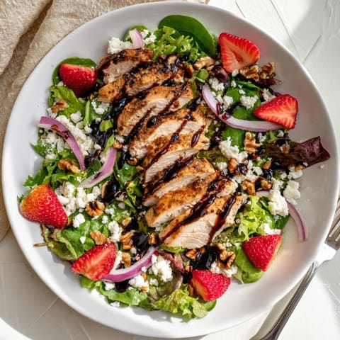 Grilled chicken slices rest on mixed greens topped with fresh strawberry halves and crumbled feta cheese in this strawberry balsamic chicken salad.  