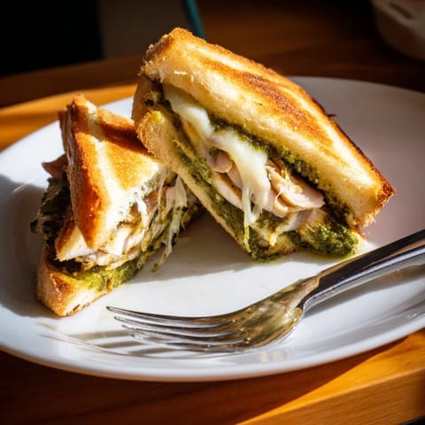 Close-up slice of a warm Chicken Pesto Panini showing melted mozzarella and vibrant green pesto spread over tender grilled chicken tucked in ciabatta bread.