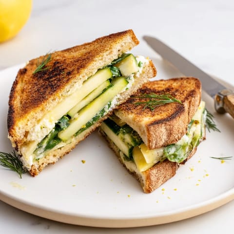 A close-up reveals the vibrant green scallions and cucumber nestled inside the warm, melty whipped feta spring grilled cheese.