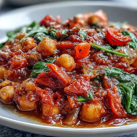 A steaming bowl of flavorful spicy chickpea stew, garnished with fresh herbs.
