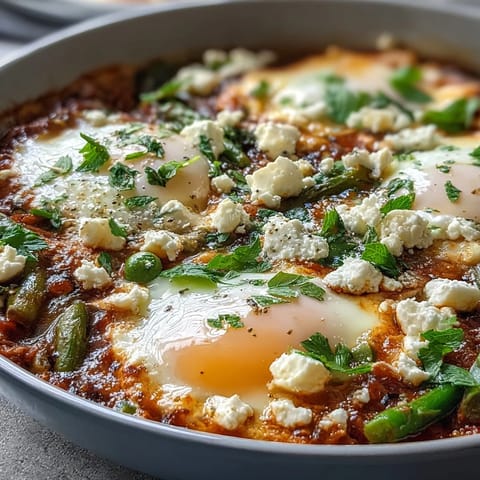 Spring pea and broad bean shakshuka with runny eggs in a spiced tomato sauce, garnished with fresh herbs and lemon wedges.