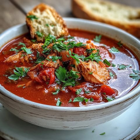 Close-up of Tuna and Tomato Soup with flaked tuna and diced tomatoes in a rich herbed broth.