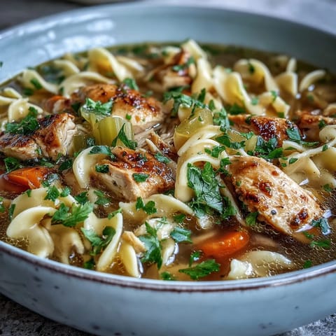 Close-up on a spoonful of Chicken Noodle Soup, revealing tender chicken, carrots, celery, and yellow egg noodles in clear broth.
