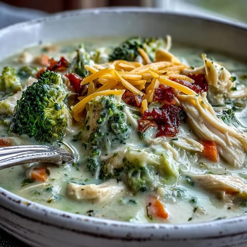 A ladle of rich Best Chicken Broccoli Cheddar Soup poured from a Dutch oven, garnished with extra cheddar.