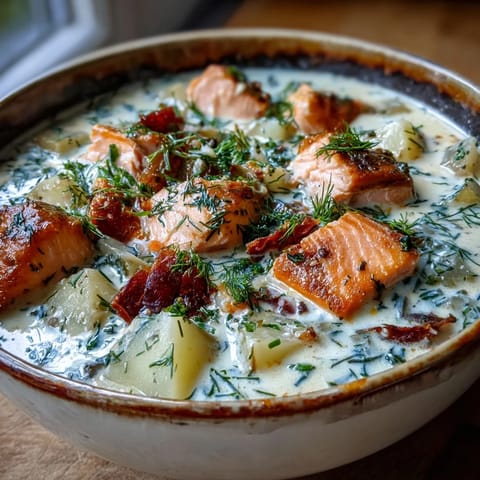 A steaming bowl of Finnish Salmon Soup featuring flaky fish, carrots, and leeks, perfect for a cozy dinner.